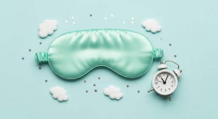 Flat lay of a mint green silk sleep mask with small white clouds and confetti next to an alarm clockの素材