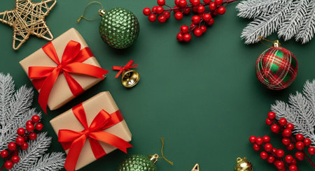 Top view of christmas holiday decoration with gift box, ornament, berry, and pine branch on green backgroundの素材