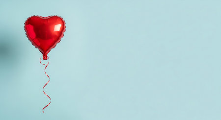 Shiny red heartshaped foil balloon floating against a soft pastel blue background with copy space for textの素材