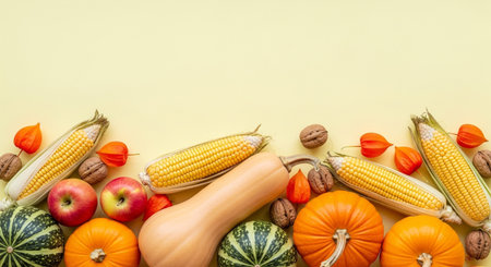 Assortment of autumn harvest vegetables and fruits like squash, corn, apple, and walnut arranged on a light yellow backgroundの素材