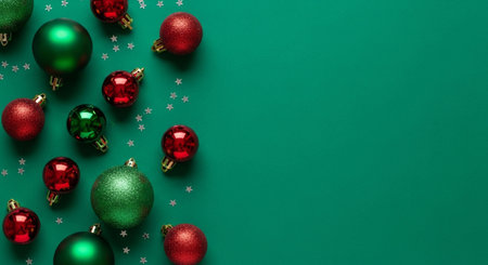 Top view of assorted shiny red and green christmas baubles scattered on a solid dark green background with copy spaceの素材