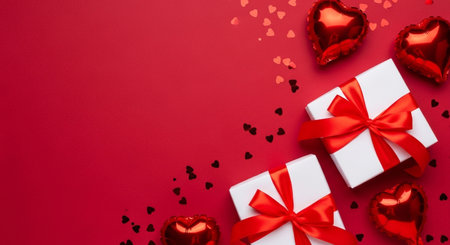 Top view of two white gift boxes with red ribbon, red heart confetti, and shiny red heart balloons on a vibrant red background for valentines day celebration or romantic present conceptの素材