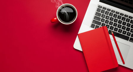 Top view of a modern workspace with a laptop, steaming coffee cup, and red notebook on a vibrant red backgroundの素材