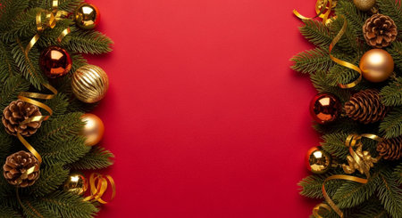 Christmas border decoration with evergreen branch, gold ornament, and pinecone on a vibrant red background for holiday designの素材