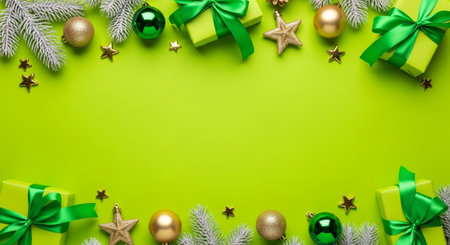 Festive green background frame border with christmas ornament gift box pine branch and star decorationの素材