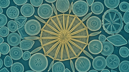 Diverse microscopic diatoms with intricate silica cell walls, close-up textureの素材
