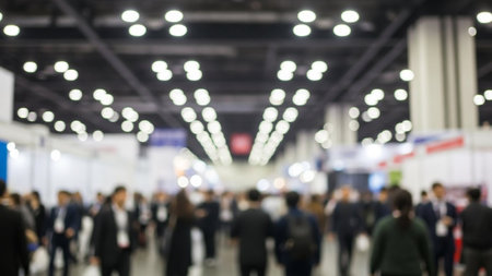 A blurred image of a large convention hall filled with people and bright overhead lighting is visible.の素材