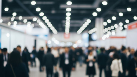 A blurry image of a large crowd of people walking in a bright hall, possibly at a conference or eventの素材