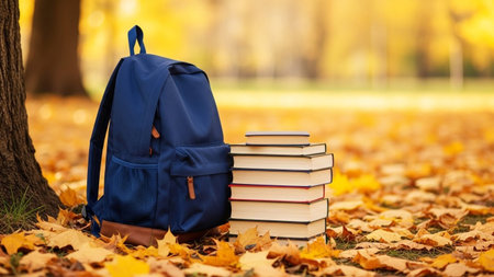 A blue backpack and a stack of books sit among colorful fallen leaves on the ground outside in the fallの素材