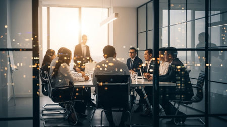 A group of business professionals are having a meeting in a modern office with a large window viewの素材