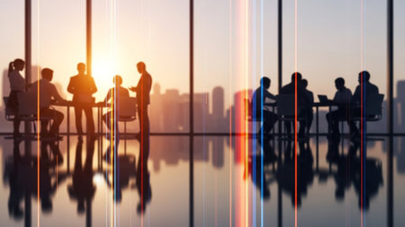 Business team silhouette meeting at sunset with city skyline view and reflections on the floor surfaceの素材
