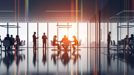 A silhouette of a business team is meeting in a modern office with a large window view of the city.の素材