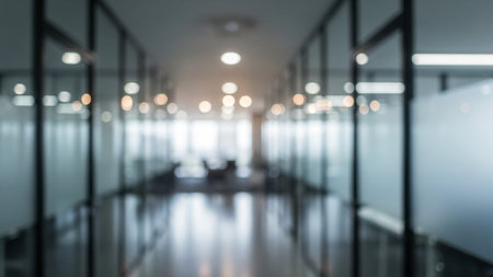 A blurry view of a modern office corridor with glass walls and bright lights illuminating the spaceの素材
