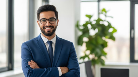 A smiling businessman in a blue suit stands confidently with arms crossed in a bright office setting.の素材