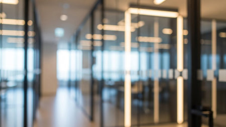 A blurry image showcasing a modern office interior featuring glass walls and bright lighting fixtures.の素材