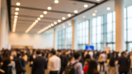 A blurred view of a large crowd of people attending an event in a bright convention center hall.の素材