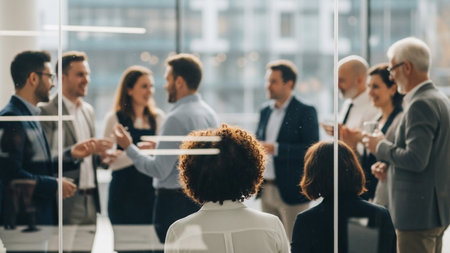 A diverse group of professionals in a modern office are discussing business strategy behind glass wallsの素材