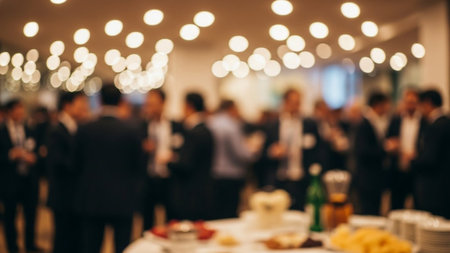 Blurred view of people in suits at a social event, with bright lights, food, and drinks on a table.の素材