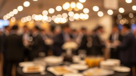 A blurry image showing a business event with people and tables under bright lights in an indoor settingの素材