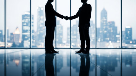 Two businessmen shaking hands in silhouette against a city skyline, symbolizing a successful agreement.の素材