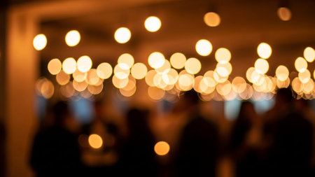 A blurred image of people under warm lights creates a festive and cozy atmosphere indoors at night.の素材