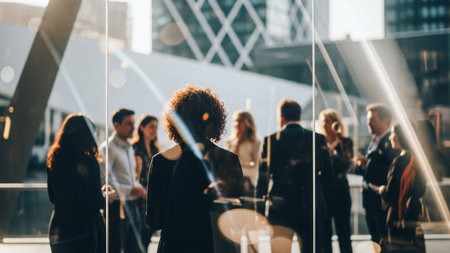 A group of business professionals are standing in front of a glass window, engaged in conversation.の素材