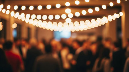 A blurred image of a crowd under string lights, perfect for events and celebrations, warm and inviting.の素材