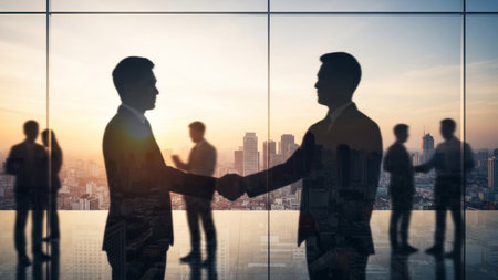 Silhouettes of business people shaking hands in a modern office with a city view during a sunset.の素材