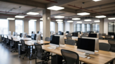 A blurred view of a modern office featuring rows of desks, computers, and office chairs in a spacious roomの素材