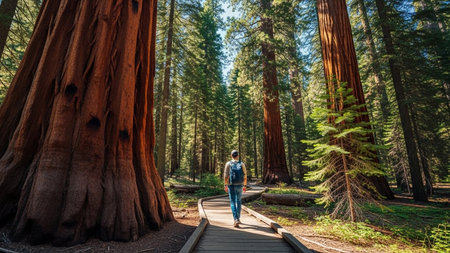 Hiker on Boardwalk Path Amidst Towering Giant Sequoia Trees in a Sunny Forestの素材