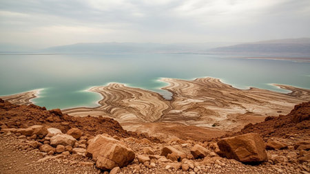 Panoramic View of Dead Sea Salt Formations and Arid Landscapeの素材