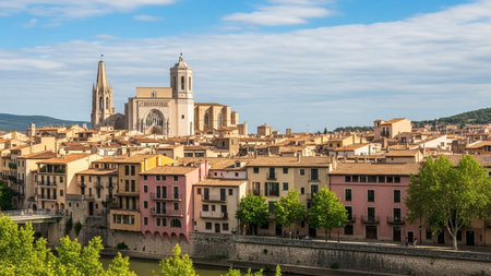Historic Girona, Spain Colorful Houses along Onyar River with Cathedral and Sant Feliu Churchの素材