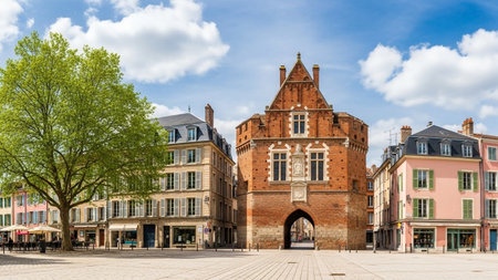 Historic European Town Square with Ancient Brick Archway, Traditional Buildings, and Outdoor Cafeの素材