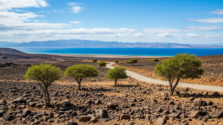 Scenic Desert Road with Green Trees, Blue Sea, and Distant Mountains Under a Cloudy Skyの素材