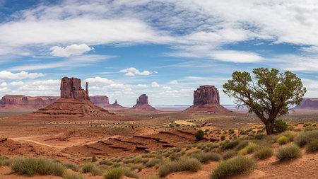 Iconic Monument Valley Desert Landscape with Buttes and Lone Tree under Blue Skyの素材
