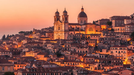 Historic Italian coastal town cityscape featuring a prominent cathedral illuminated during a warm sunset glowの素材