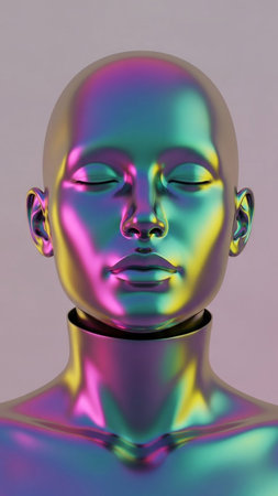Iridescent holographic bust reflecting a spectrum of vibrant colors in a futuristic abstract displayの素材