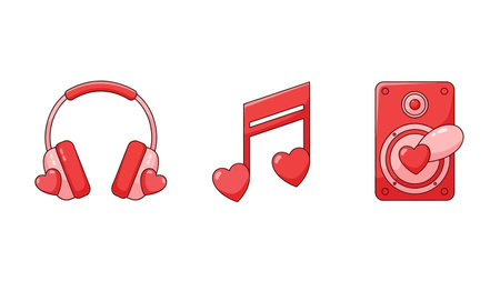 Illustration of cartoon headphones music note and speaker surrounded by hearts symbolizing love for music and audio technology.のイラスト素材
