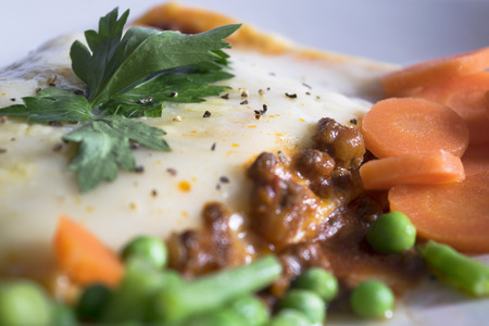 Beef Lasagna with vegetables on a white plate