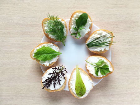 sandwiches with different fresh greens and cheese on the white plate on the kitchen table. horizontal photo concept healthy foodの写真素材