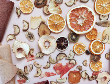 dried fruit pattern. Healthy sweets fruit chips. Diet vitamin food and vegan food