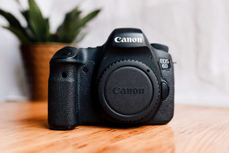 Used Canon 6D camera with flower in the backgroundのeditorial素材