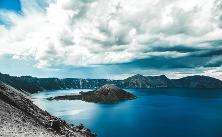Crater Lake, Oregon. mount wizzard is in the middle of the lakeの写真素材