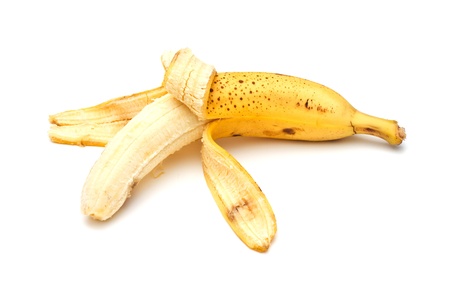 Half-peeled banana on white backgroundの写真素材