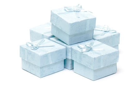 Cyan gift boxes on white backgroundの写真素材