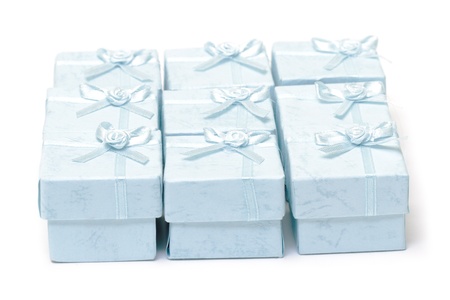 Cyan gift boxes on white backgroundの写真素材