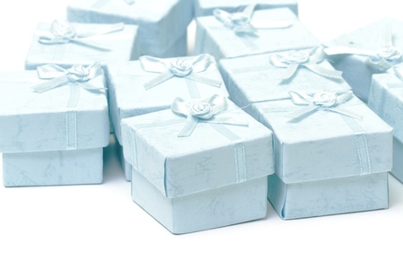 Cyan gift boxes on white backgroundの写真素材