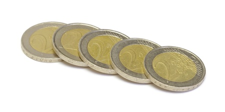 Euro coins on white background closeupの写真素材