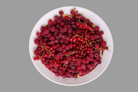 Berries mix with raspberry and red currant on greyの写真素材