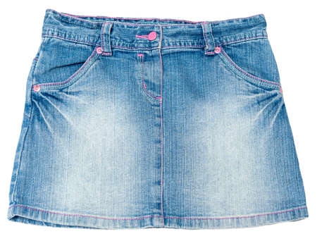 Denim skirt in blue on a white background. Mini. Close-up. Front view.の写真素材